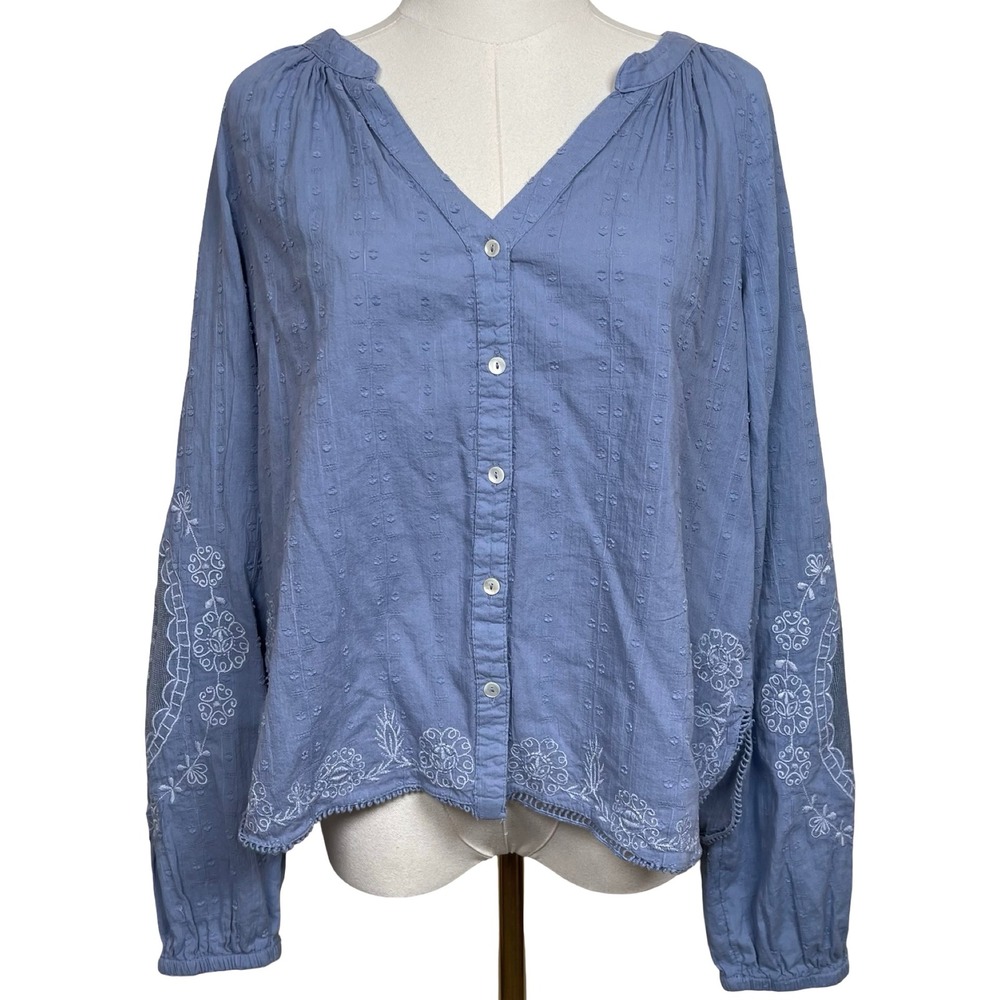 Promod Embroidered Swiss Dot Blouse M Blue Boho Button Front Balloon Sleeve